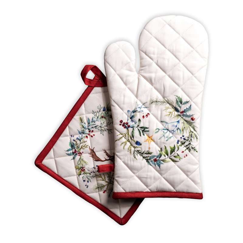 Maison d'Hermine Holly Time Gant de cuisine + Manique 100 % coton - 19 x 33 cm et 20 x 20 cm