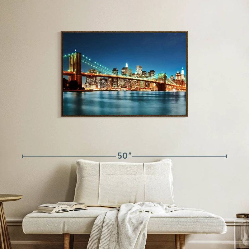 Pont lumineux de Brooklyn, 37 po x 25 po, Cadre flottant noyer
