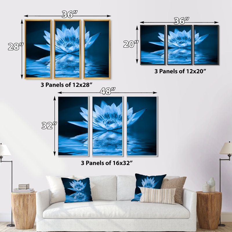 «Blue Water Lily» - Cadre flottant 3 pièces, impression sur toile, Cadre noir, L 36 po x H 28 po