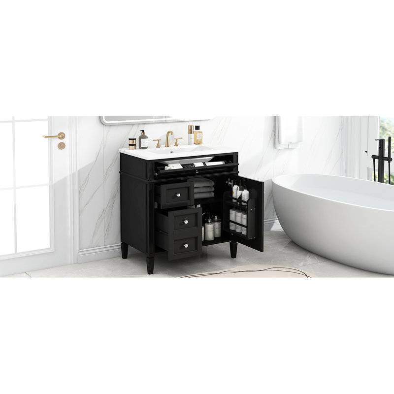 Meuble-lavabo moderne 30 po, lavabo avec 2 tiroirs et tiroir coulissant, meuble-lavabo avec rangement pratique, Noir