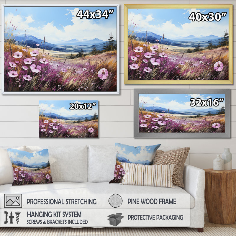 «Violets Flowers Mountain Charm II», reproduction sur toile, H 16 po x l 32 po x P 1 po, Cadre simple noir