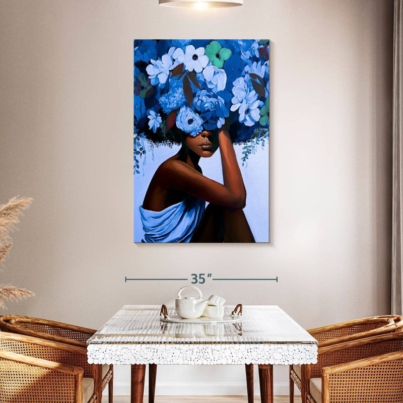 Fille aux cheveux bleus sur toile, H 48 po x l 32 po x P 1,25 po