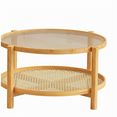Rattan Coffee Table, 2-Tier Bamboo Coffee Table with Glass Top and PVC Rattan Storage Shelf, Modern Round Coffee Table for Living Room, Office, Natural