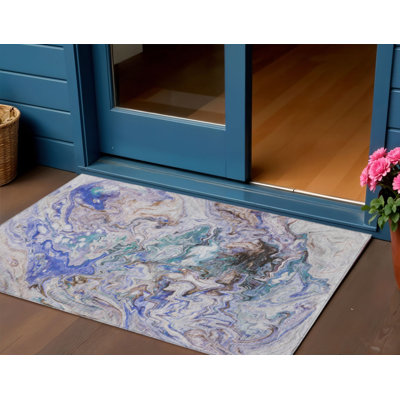 Tapis d'extérieur lavable abstrait bleu et taupe 3 pi x 5 pi beige