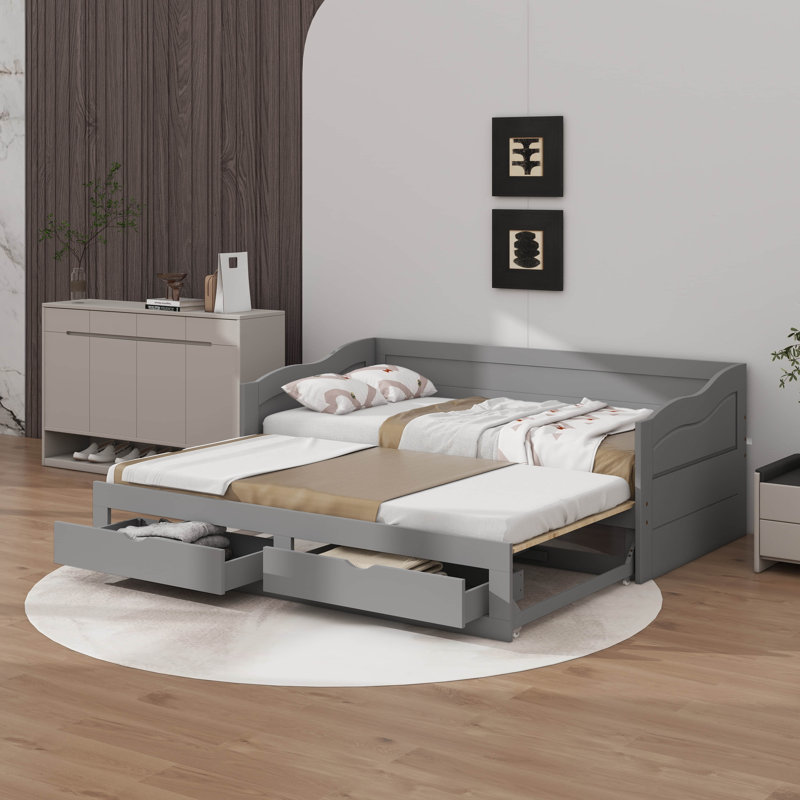 Lit de jour simple en bois extensible avec lit gigogne et deux tiroirs de rangement, Gris