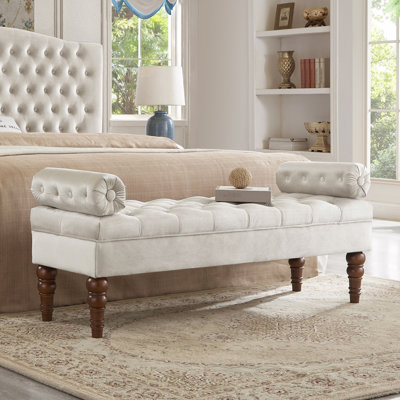 Banc de chambre rembourré avec bouton - Velours doux et pieds en bois massif champagne