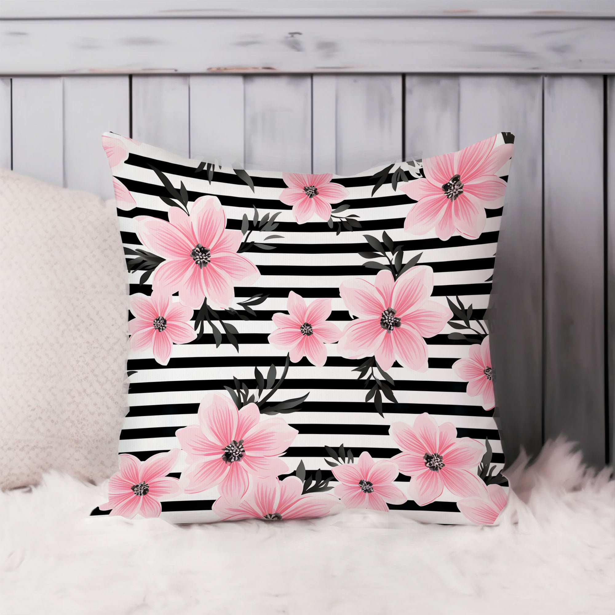 Ethan Taylor Floral Pink Flowers Stripes XII Glam Throw Pillow