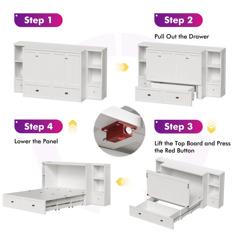 Wilkinson Farmhouse Queen Murphy Bed with Bedside Tables, 3 Storage Drawers & Charging Station, White, Queen, White