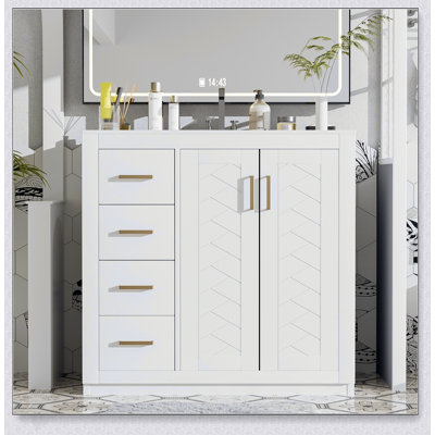 Meuble-lavabo 36 po avec lavabo en céramique, structure en bois massif, armoire de rangement autoportante, 3 tiroirs et portes à fermeture douce