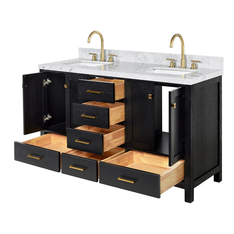 Ensemble de meuble-lavabo double 61 po Grevera, Chêne noir / laiton satiné, Forme rectangulaire