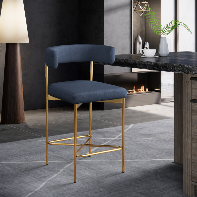 Klaas Upholstered Counter Stool with Metal Frame, Navy Linen Textured Fabric