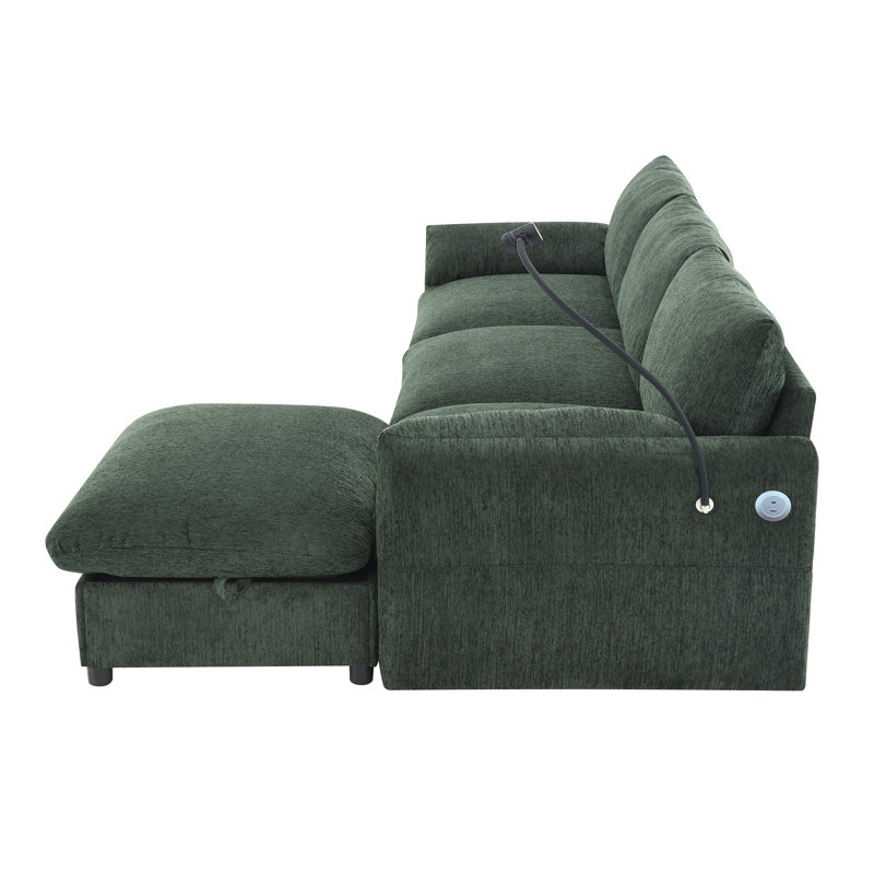 Canapé d'angle en L de 245 cm avec pouf de rangement et poches, support de téléphone ajustable, chargeur USB, accoudoirs en forme d'oreilles d'éléphant, siège confortable pour salon et appartement, chenille, 3 couleurs