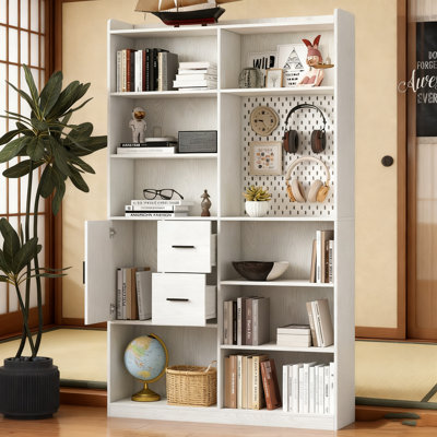 Bibliothèque et bibliothèque avec panneau perforé et tiroir ou armoire de cuisine, 9 étagères à livres, étagère en bois moderne pour le salon ou la cuisine et la salle à manger, blanc