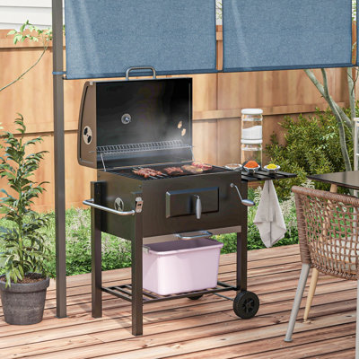 Barbecue au charbon de bois, cuiseur d'extérieur portatif pour le plaisir du camping et de la cour. Espace de cuisson de 21,75 po x 16,5 po, table d'appoint, rangement inférieur, roulettes, poignée, noir. Relevé de température précis avec