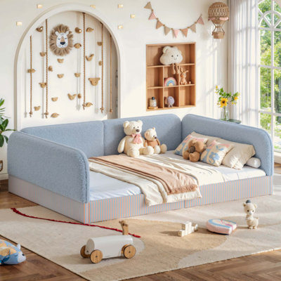 Structure de lit rembourré en molleton pour enfants, lit semi-fermé Montessori pour garçons et filles, lit plateforme à profil bas avec garde-corps latéraux
