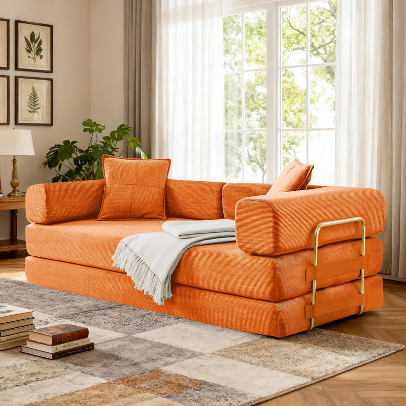 Boneless 4-in-1 Folding Convertible Sleeper Sofa Bed, Folding Floor Mattress Compression Couch, Orange