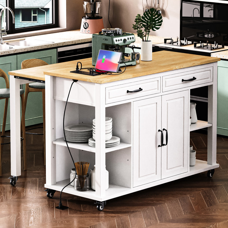 Kitchen Island With Extendable Dining Surface, Rubber Wood Veneer Finish, Internal Storage , 2 Ac Outlets, 1 Type - C Port 47 Inch Cart Table, Top, Adjustable Shelf Units, Soft Close Drawer Mechanisms