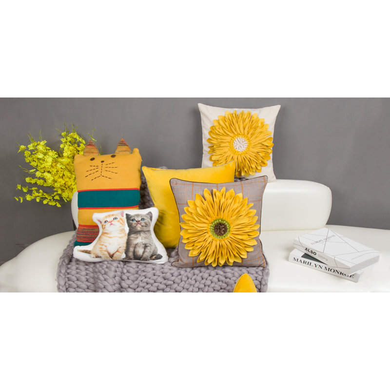  Housse de coussin décoratif à motif floral Appliqued, Jaune / écossais