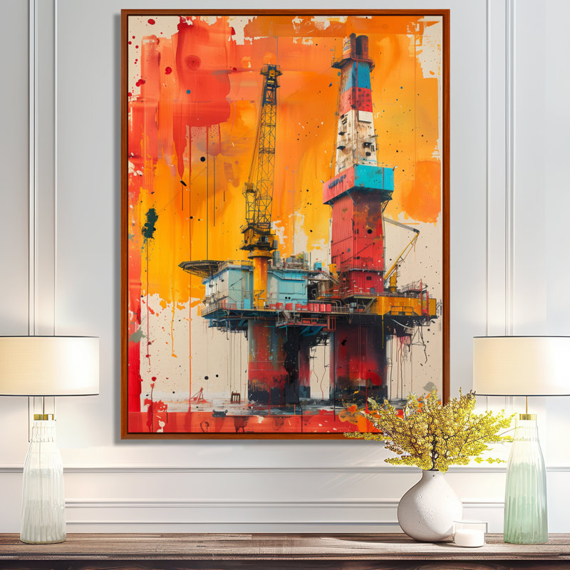 Orange, orange, plate-forme de pétrole, fond marin, rodéo, Toile avec cadre flottant brun, H 12 po x l 20 po x P 1 po