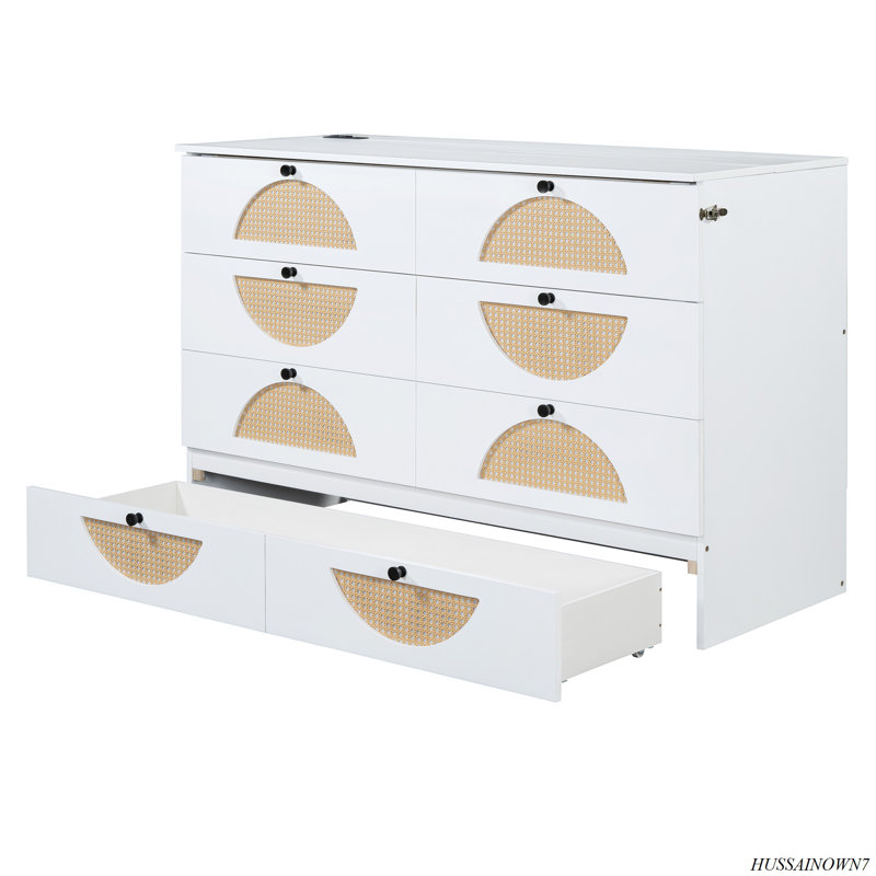 White Queen Murphy Bed with Rattan Headboard and Storage Drawer