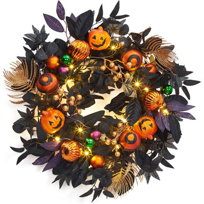 Couronne d'Halloween pour porte d'entrée, couronne de citrouilles lumineuses de 50 cm avec 20 boules décoratives et baies à DEL, décorations d'Halloween pré-illuminées pour intérieur et extérieur.