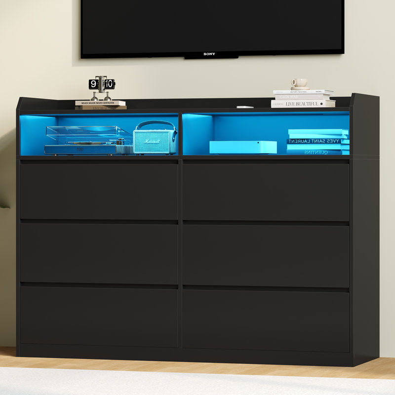 6 Drawer 47.2" W Double Dresser With Power Outlet And Led Light, Black