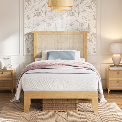 Twin Size Boho Rattan Bed Frame with Natural Headboard & LED Lights, Sturdy Wood Silent Slats, Noise-Free Support, No Box Spring Needed