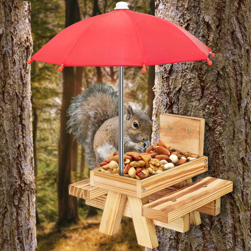 Mangeoire d'écureuil en bois carbonisé avec parasol