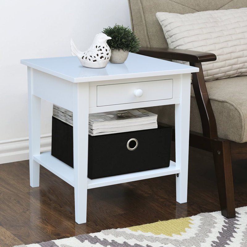 Table de bout en bois massif avec rangement Tiller, Blanc