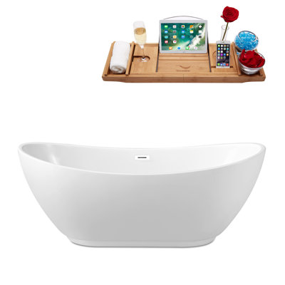 67" Streamline Freestanding Soaking Acrylic Bathtub With Drain and Bamboo Tray