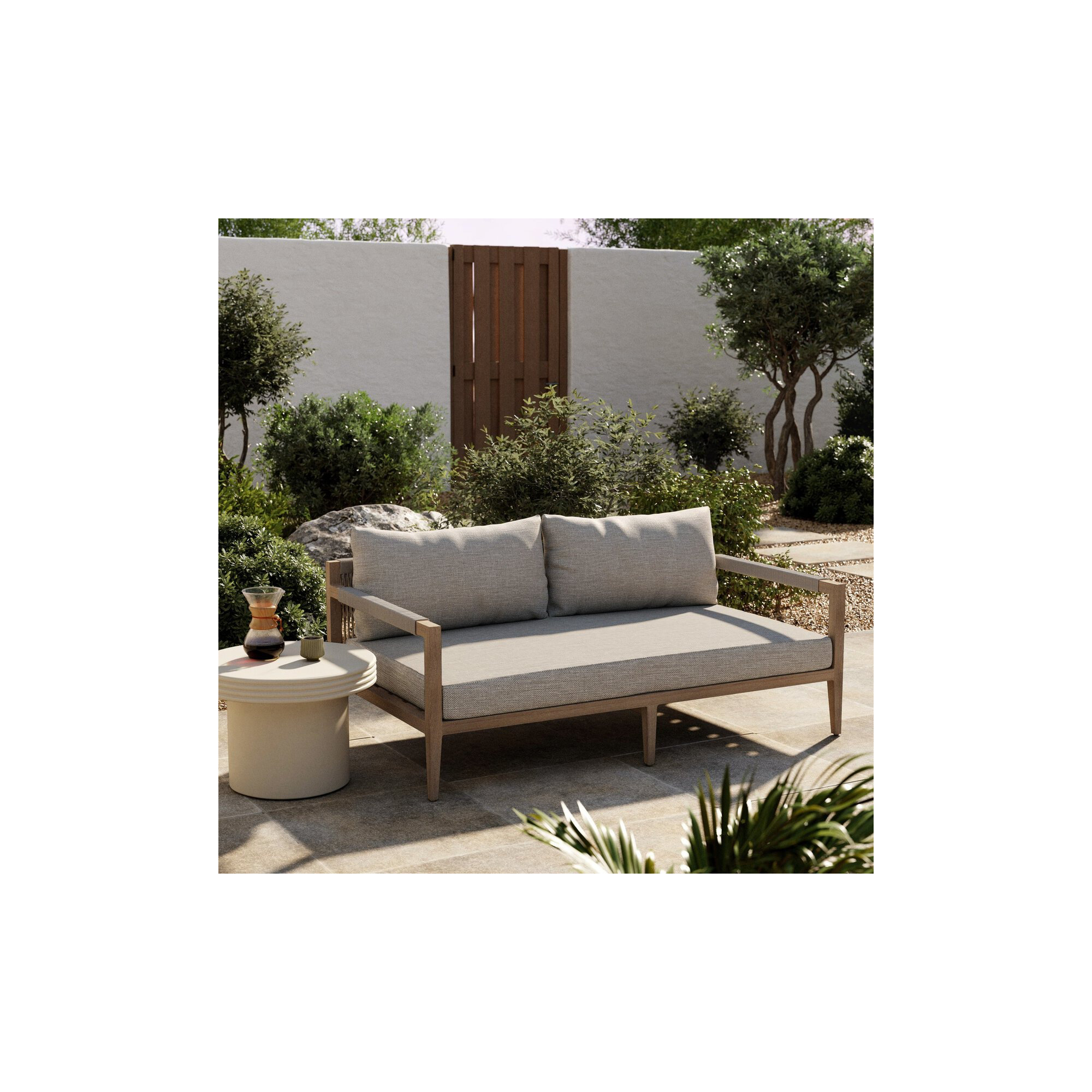 Kristine 63'' Wide Loveseat with Cushions, Washed Brown, Gray Cushion/Brown/Gray Frame