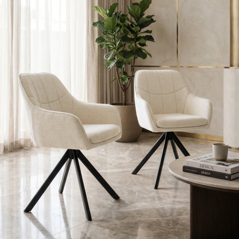51cm H Upholstered Arm Dining Chair, Cream Chenille