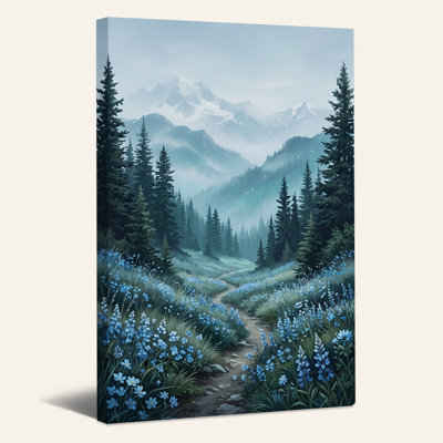 Art mural sur toile Misty Mountain Path Through Blue Wildflowers
