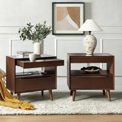 Nawaal 2 - Drawer Nightstand with Integrated Charging Station and Pull-Out Tray(Set of 2)