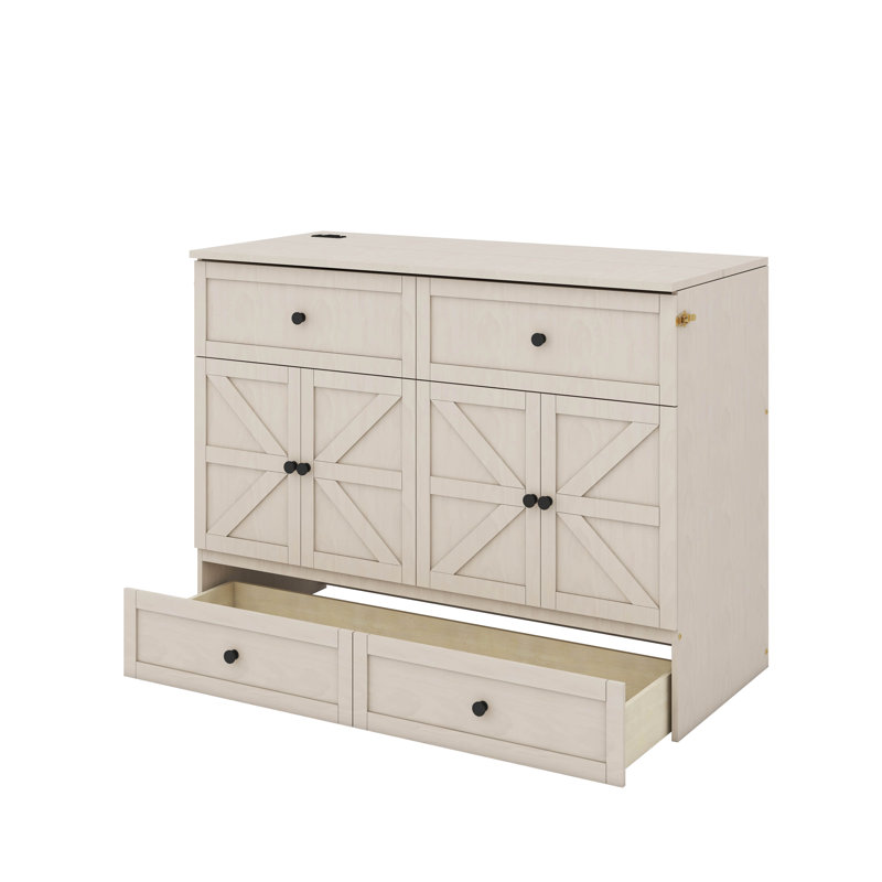 Lit escamotable double avec grand tiroir et ports USB, Blanc brossé
