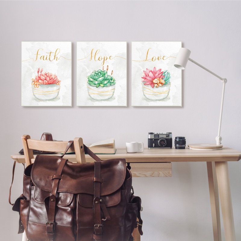 Charmantes plantes succulentes «Faith Hope Love», H 13 po x l 57 po, Plaque murale