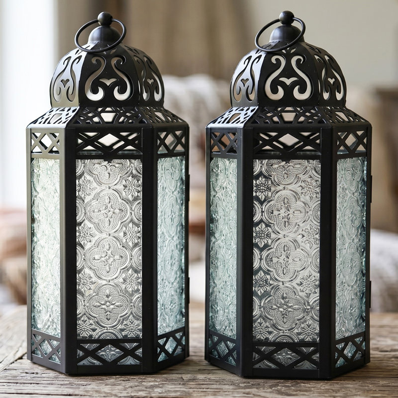 Moroccan Candle Lantern Decorative Candle Holder Lamp for Table or Hanging, Ramadan Decorations, Weddings, Indoor Home Decor, Outdoor Patio or Porch (Set of 2)
