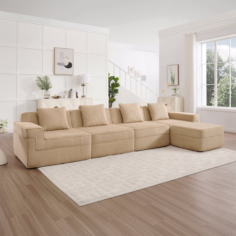 Canapé modulaire modulaire à 4 places sans os, canapé modulaire Cloud avec assise profonde, canapé modulaire moderne à 4 places avec coussins décoratifs et repose-pieds mobile, tissu en velours côtelé