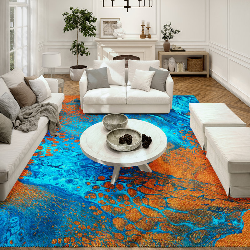 Tapis bleu / orange abstrait tissé à la machine, Rectangle 9 pi x 12 pi