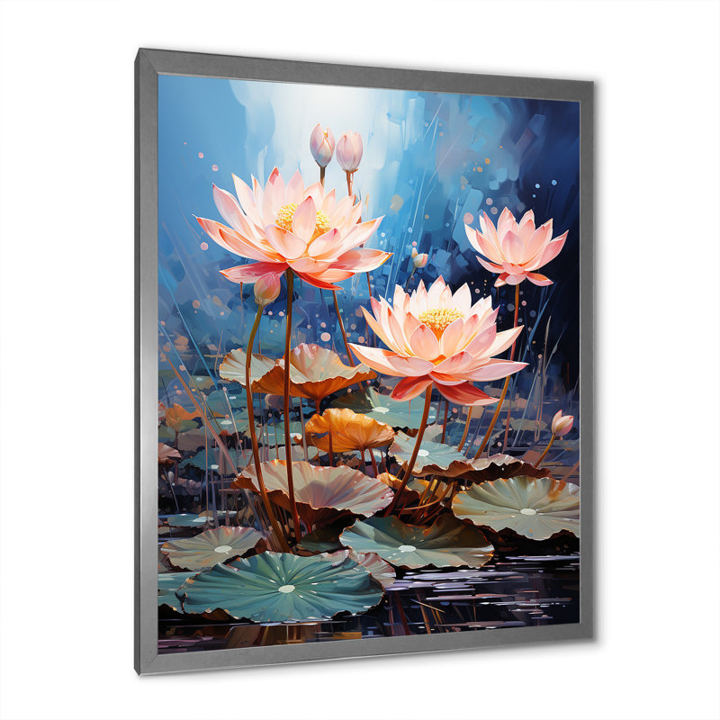 Fleurs de lotus étang harmonie sur toile, H 32 po x l 16 po x P 1 po, Cadre simple argenté