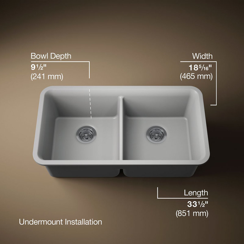 Cairn® 34" L x 18" W Under-Mount Double-Equal Kitchen Sink, Matte Gray