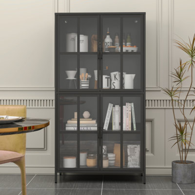 Premium Black Metal Storage Cabinet With Tempered Glass Doors, Adjustable Shelves, Anti-Tipping Device, Magnetic Silent Closure, And Adjustable Feet For Home And Office Use