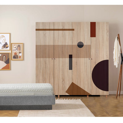 Ayreanna Modern Wardrobe with Geometric Design, Sonomo Color, 70.9 x 75.6 x 20.5 inches | 100% Melamine Coated Chipboard, 0.7 inches Thick | Hornbeam Legs, Solid Wood Handles, UV Coating, Numerous Shelves for Optimal Storage