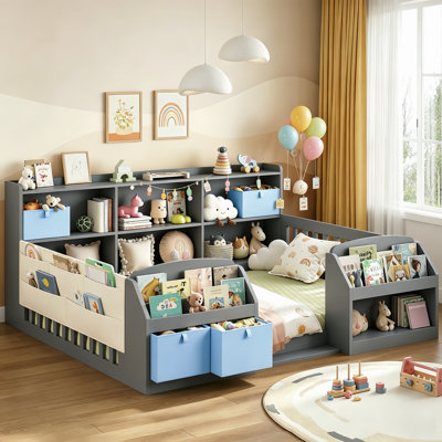 Lit double au sol avec bibliothèque et garde-corps avec lit garde-corps, lit bas pour mère et enfant