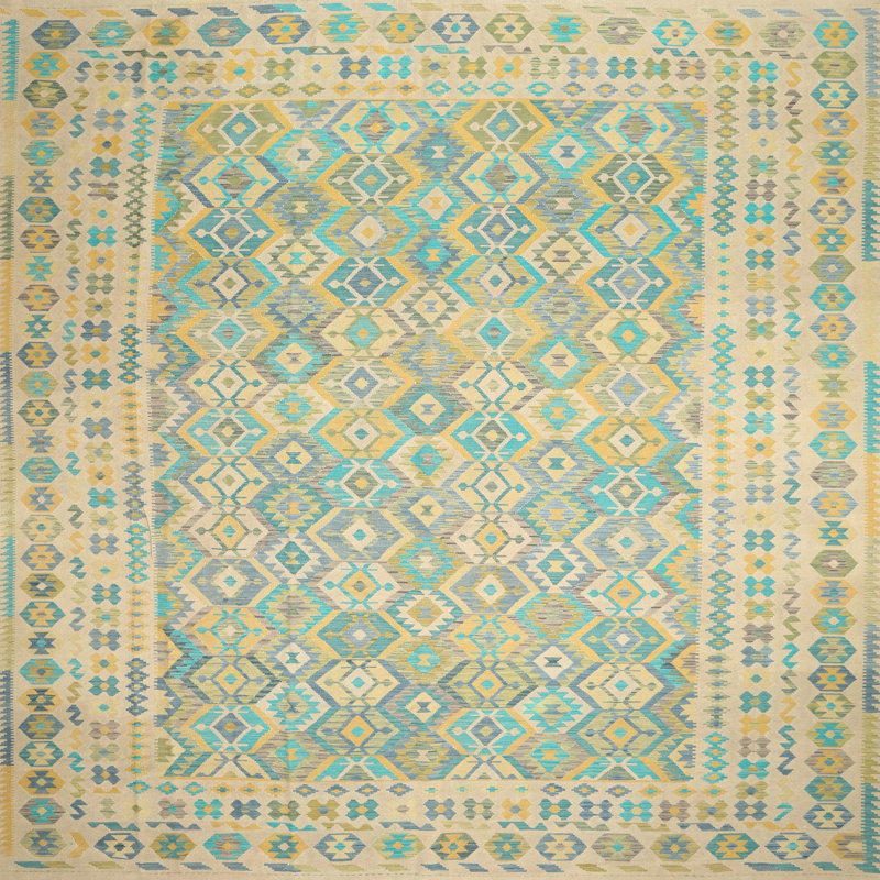 Tapis contemporain beige / vert, Carré 8 pi