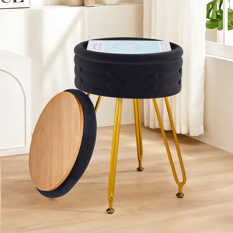 Round Storage Ottoman Vanity Stool Chair For Makeup Room,Bedroom,Living Room, Black