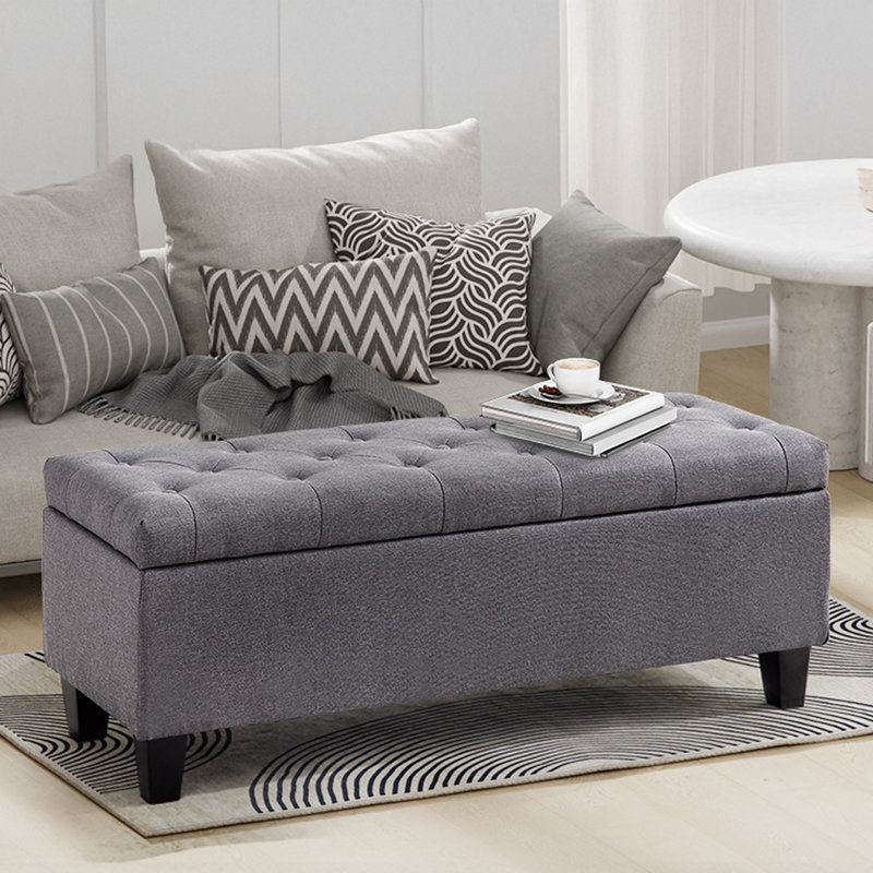 Jalob 42'' W Storage Ottoman Bench, End of Bed Storage Bench, Button Tufted Fabric Storage Ottoman, Solid Wood Leg, Safety Hinge, 330 LBS Load, Ottoman with Storage for Bedroom Living Room Entryway