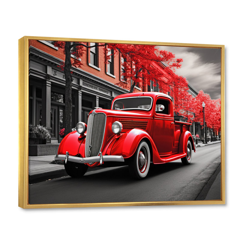 Red Pickup Truck Road Legends III - Transportation Canvas Art Print, 12" H x 20" W, Cadre flottant doré