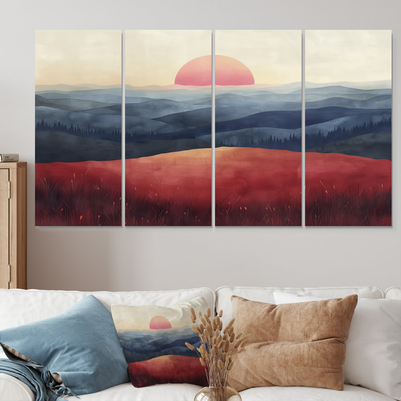 Ensemble de salon mural rouge et bleu abstrait Sunset Mountain Landscape I - Landscape Mountains, H 28 po x l 48 po