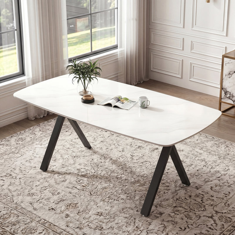 Marble-Look Glass Dining Table with Black Metal Legs, Black